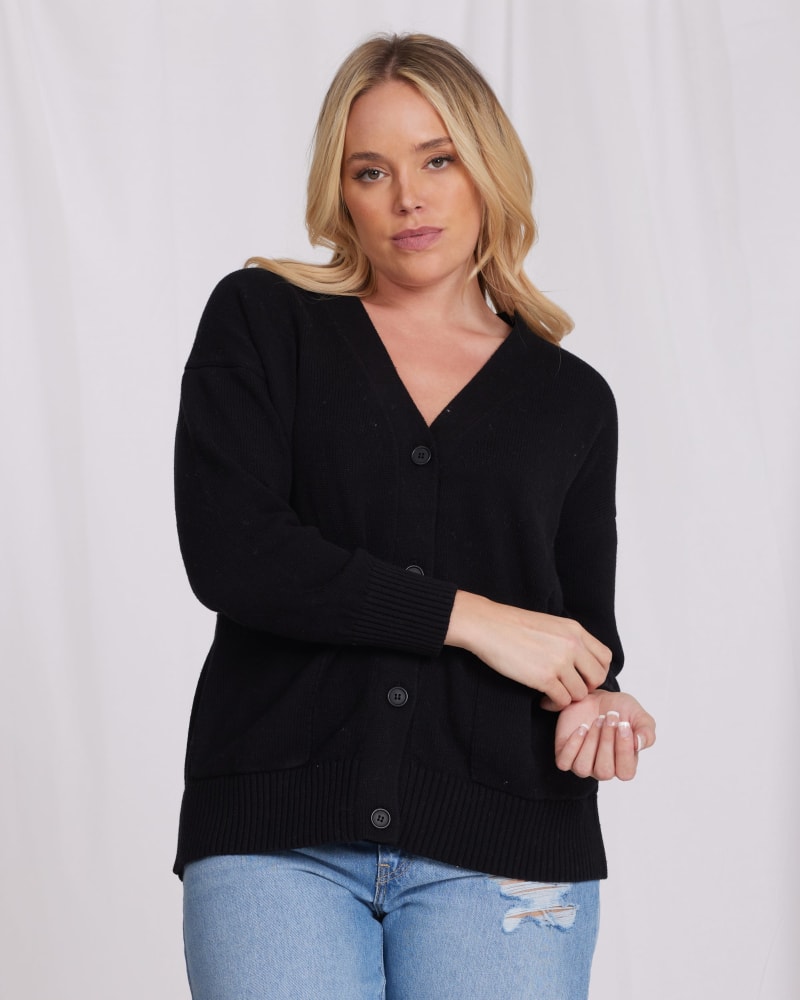 Front of a model wearing a size 1X Cotton Cashmere Oversized Cardi in Black by Minnie Rose. | dia_product_style_image_id:324905